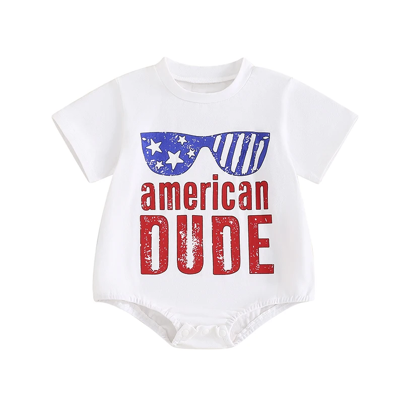 

4th Of July Clothes Newborn Baby Boy Girl T-shirt Bubble Romper Short Sleeve Letter Embroidery Bodysuit Jumpsuit