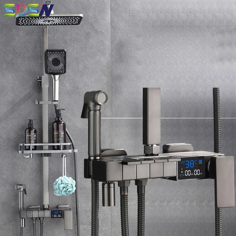 

Square Grey Piano Bathroom Shower Set Quality Brass Bathtub Mixer Faucet Tap Rain Shower Head Gray Thermostatic Shower System