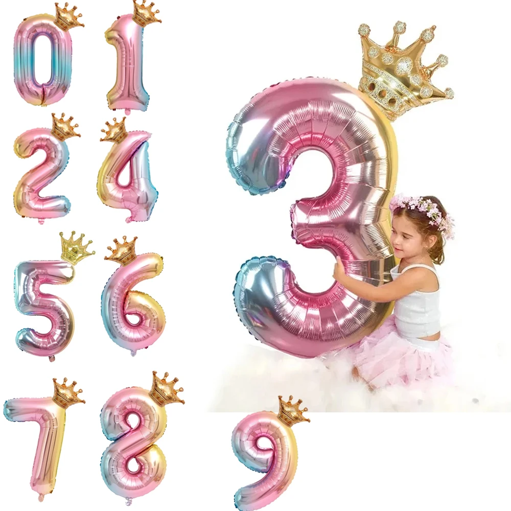 2 stücke 32 Zoll Regenbogen Nummer Folie Luftballons mit Krone für Kinder Junge Mädchen 1-9st Geburtstags feier Dekorationen Baby party