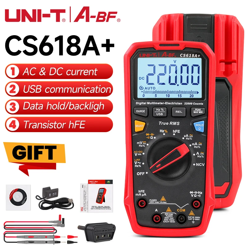 Multimètre numérique professionnel portatif CS618A + A-BF & UNI-T True RMS,  testeur de courant