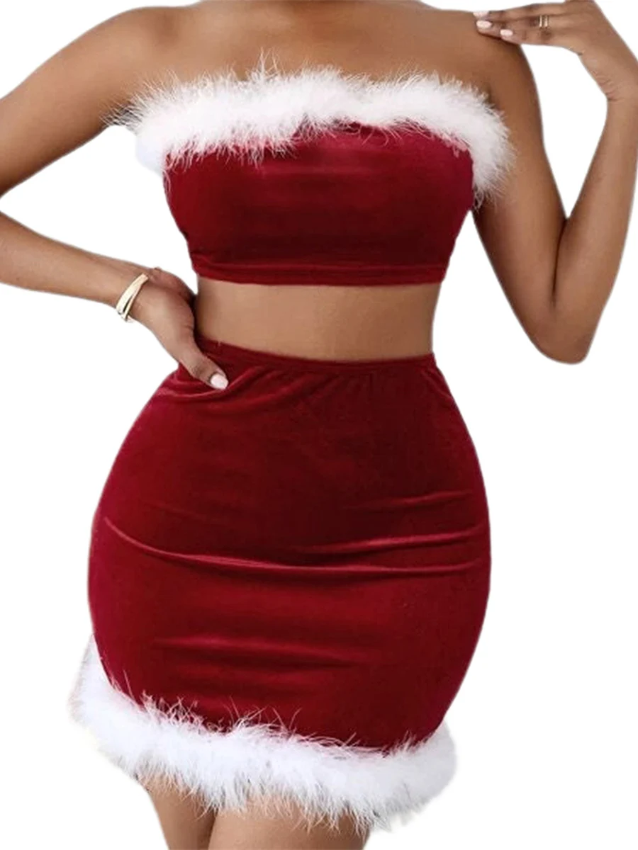 Women's Christmas Skirts Outfits Contrast Color Fur Sleeveless Backless Crop Tube Tops + Bodycon Mini Skirts Xmas Outfits