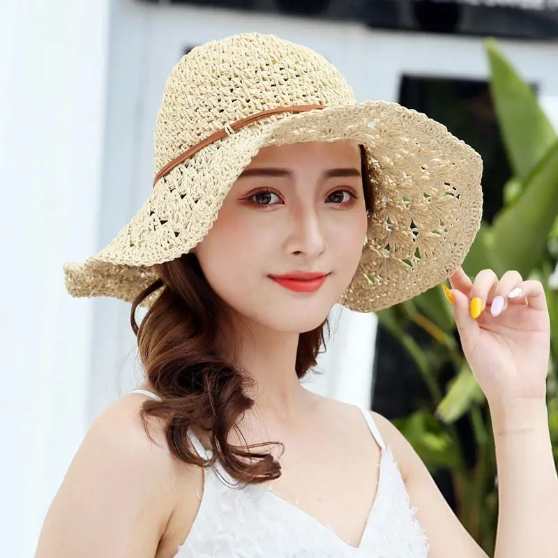 Woman Wide Brim Sun Hat Summer Women Beach Hat Girls Seaside Travel Foldable Straw Hat Sunscreen UV Protection Lady Cap