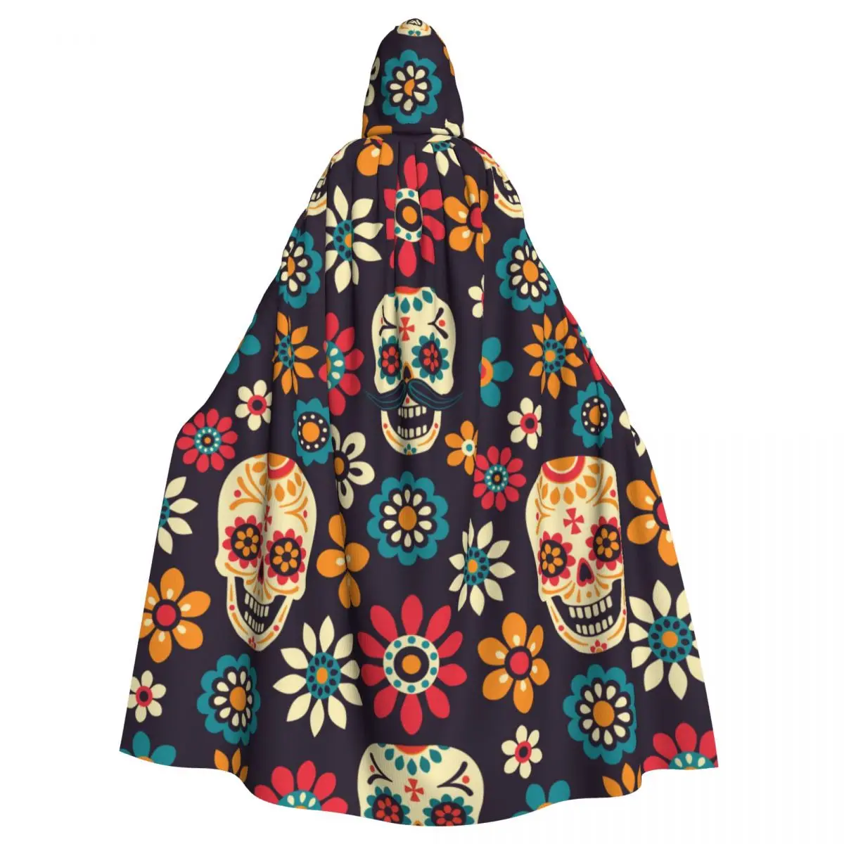 

Sugar Skulls And Flowers Day Of The Dead Hooded Cloak Polyester Unisex Witch Cape Costume Accessory