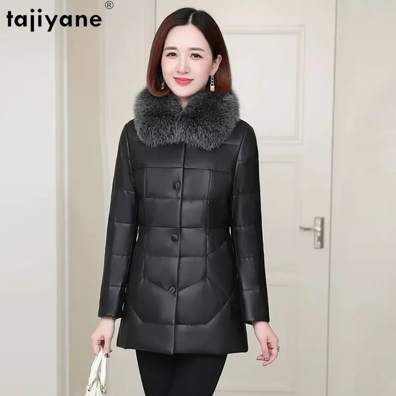 

Tajiyane 100% Genuine Sheepskin Coat Fox Fur Collar Warm Duck Down Jacket Women Winter 23 Mid-length Leather Jackets Down Coats