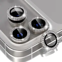 Bling Glitter Diamond Metal Frame Camera Protector with Tempered Glass Lens Cover - iPhone 14 Pro (Diamond Titanium)