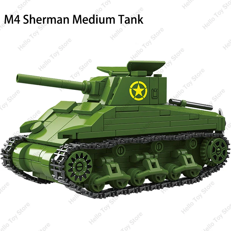 

2024 Military US Sherman M4 Medium Tank Building Blocks WW2 City Police Soldier Weapon WWII Figures Bricks Kids DIY Toys Gift