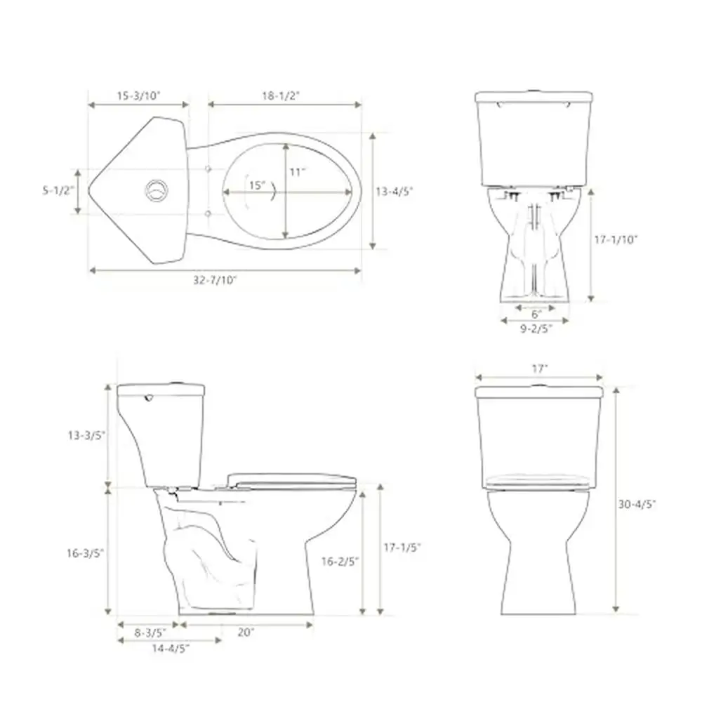 Elongated Corner Toilet 17.2" Height Compact Dual Flush Siphon Flushing White Porcelain 6