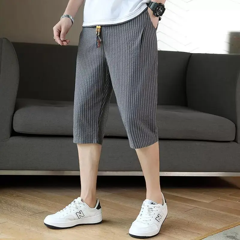 2024 남성용 하이웨이스트 포켓 코튼 린넨 스트라이프 크롭 팬츠, 얇은 통기성 및 다목적 캐주얼, 여름 트렌드 패션, 신제품