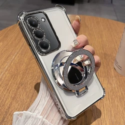 Shockproof Airbag Silicone Phone Case with Plating Finish and Magnetic Makeup Mirror Holder - Redmi 14C (Silver)