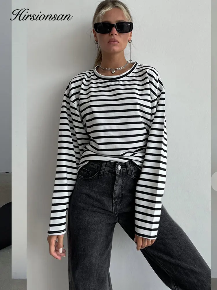 

Hirsionsan Long Sleeve Striped T Shirt Women 2023 Spring Summer Oversized 100% Cotton Tshirts Female Casual Chic Tees Girls Tops