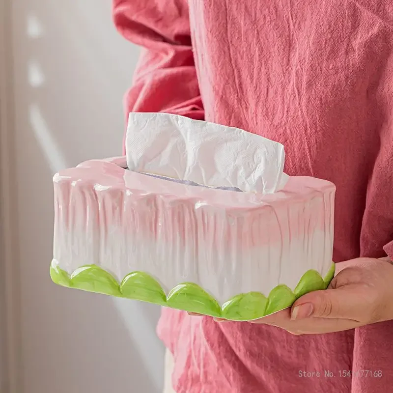 Creative Tulip Ceramic Tissue Box Cartoon Home Desk Work Desk Bedside Living Room Decoration High Aesthetic Value Paper Box, 1Pc