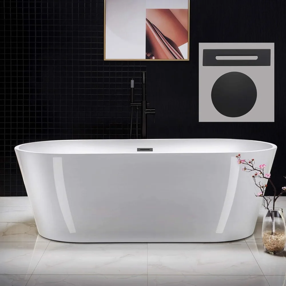71" Acrylic Freestanding Bathtub Contemporary Soaking White Tub with Matte Black Overflow and Drain 2