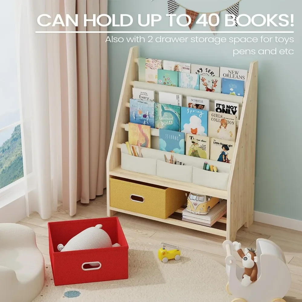 4 Tier Kids Book Shelf, Wooden Kids Book Rack Storage Bookshelf with Toy Storage Organizer, 3