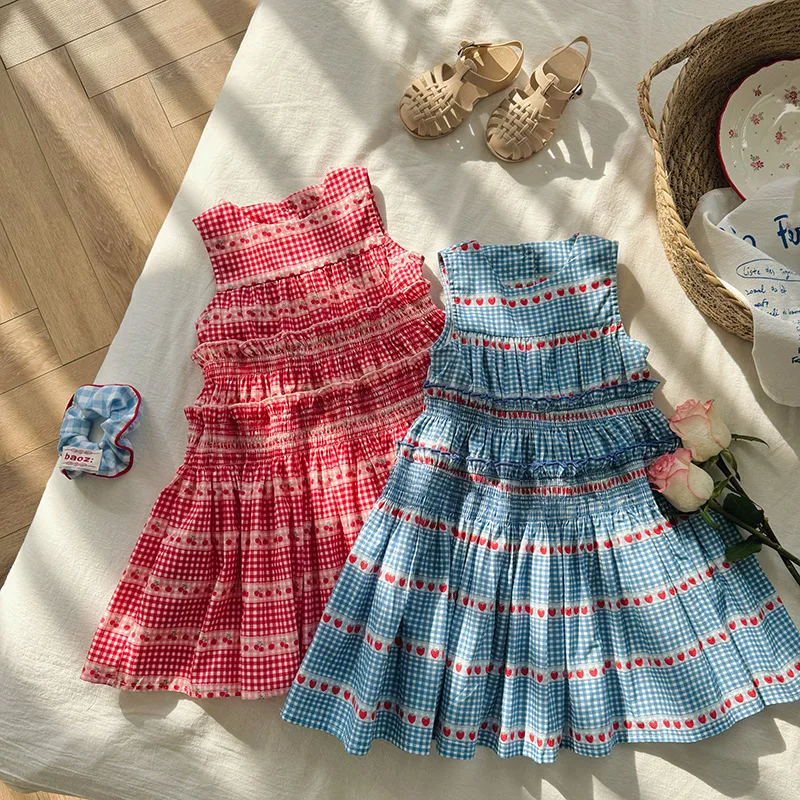 

Cherry Print Sweet Girl's Dress Children's Clothing2024Summer New Sleeveless Children's Vest Dress Cake Dress-MR