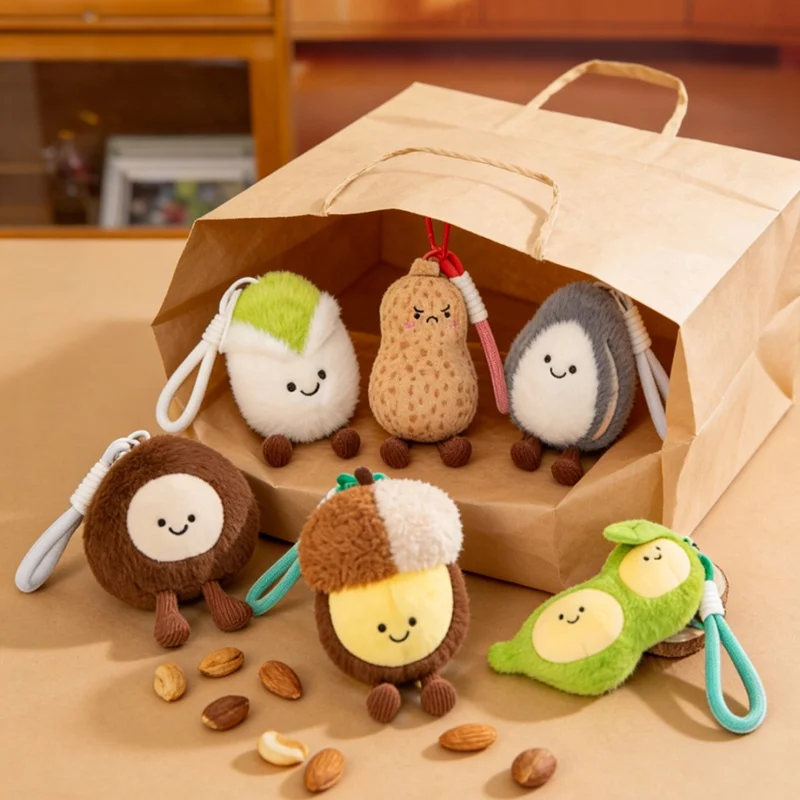 Wholesale Kawaii Stuffed Nut Plush Pendant Soft Keychain Melon Seed Pistachio Chestnut Macadamia Peanut Pea Smiling Face Plushie