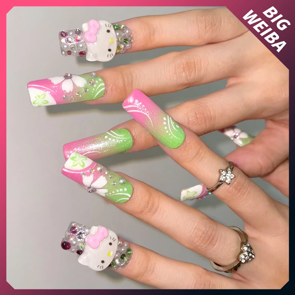 

New Y2K Hello Kitty Long Coffin Nail Slice Pink Green Gradient Color Hand-Painted Flower Customizable Girl Gift Nail Accessories