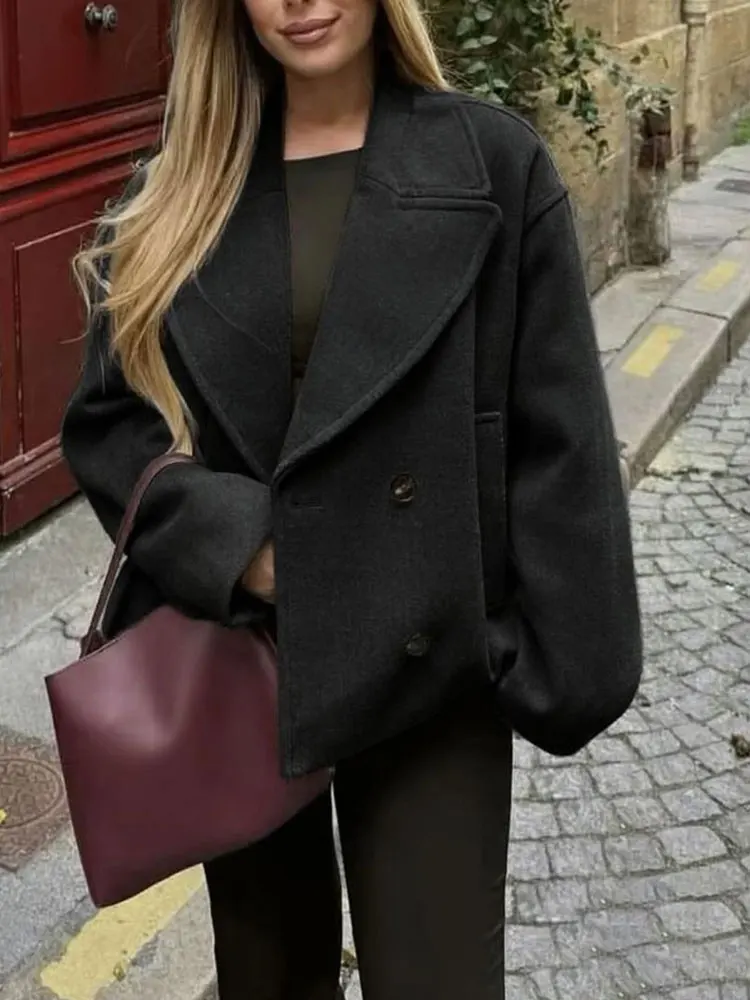 HH Women Fashion Tweed Coat Vintage Grey Turn-Down Collar Double-Breasted Long Sleeve Jackets Coat Autumn Commuting Outwear