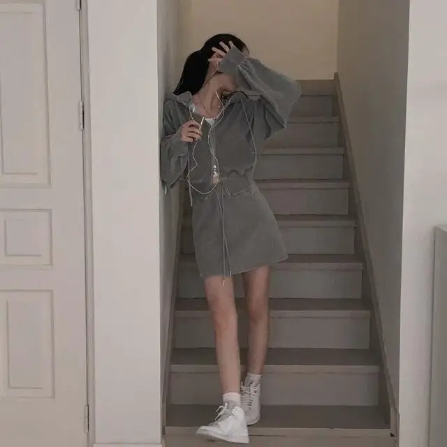 Korean CHic Corduroy Two-piece Skirt Sets Women Hoodie Crop Top Coats Bodycon Mini Skirt Autumn Winter New Outfits Casual Suit