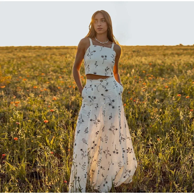 

Женский пижамный комплект из 2 предметов с принтом, жилет, юбка миди на тонких бретельках с вышивкой, повседневный укороченный топ, плиссированная юбка, одежда для сна