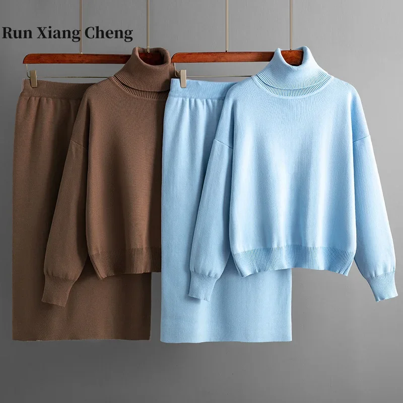 

Runxiangcheng 2023 Autumn New Solid Color High Neck Sweater Half Body Wrapped Hip Skirt Women's Set Two Piece Free Shipping