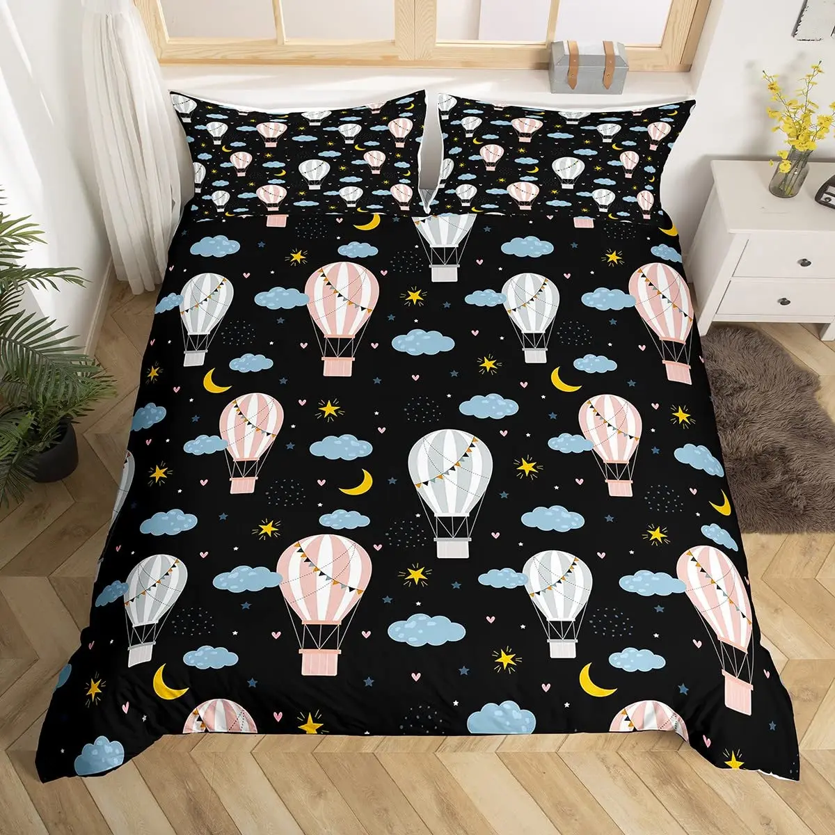 

Balloon Duvet Cover Set King Twin Size Polyester Hand Painted Style Floating Hot Air Balloons With Clouds Moon Print Bedding Set