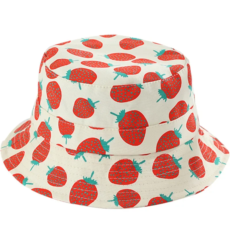 Childen Summer Bucket Hat Cute Strawberry Pattern Brim UV Protection Fisherman 2-8Years Baby Girls Boys Kids Panama