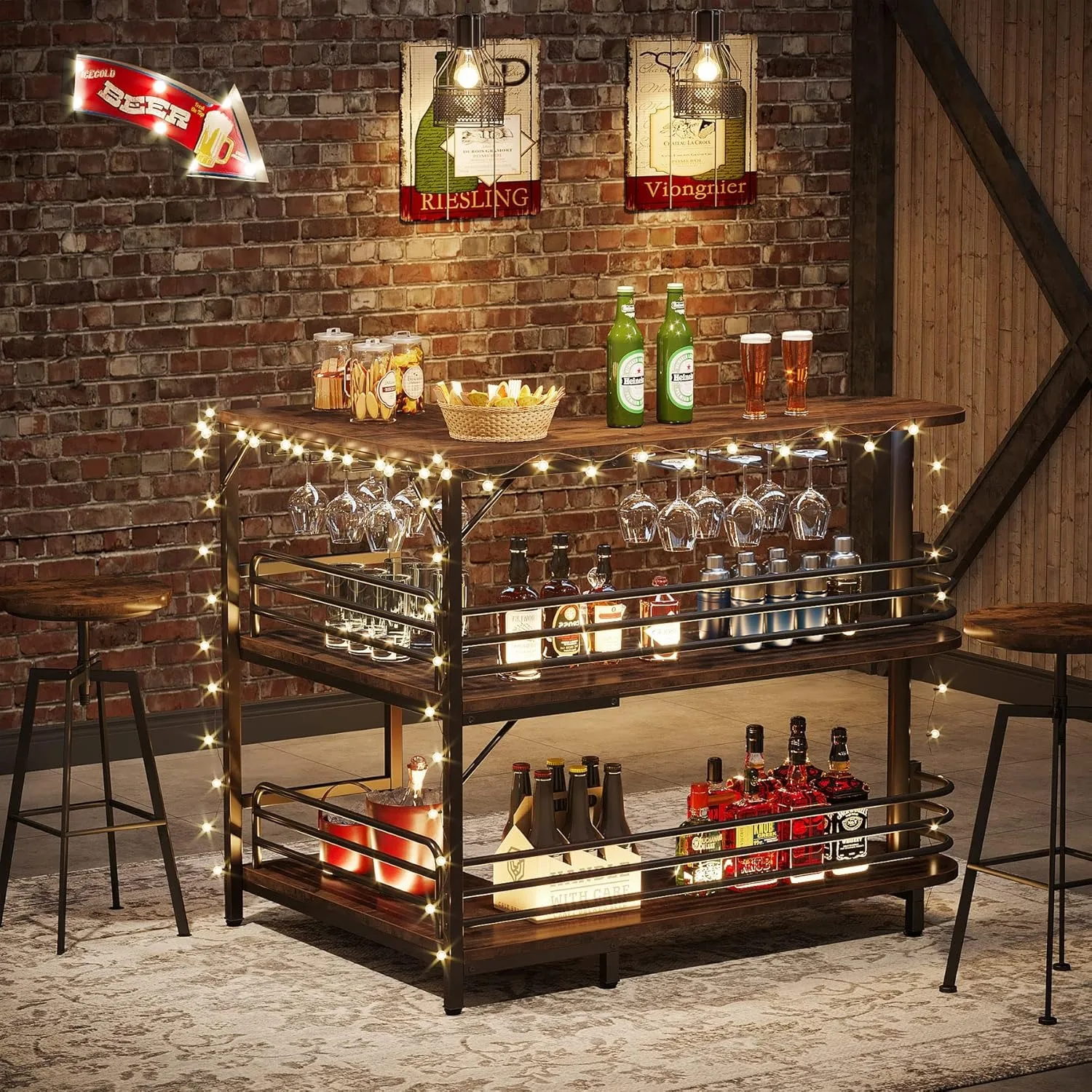 L Shaped Rustic Home Bar Table with Storage