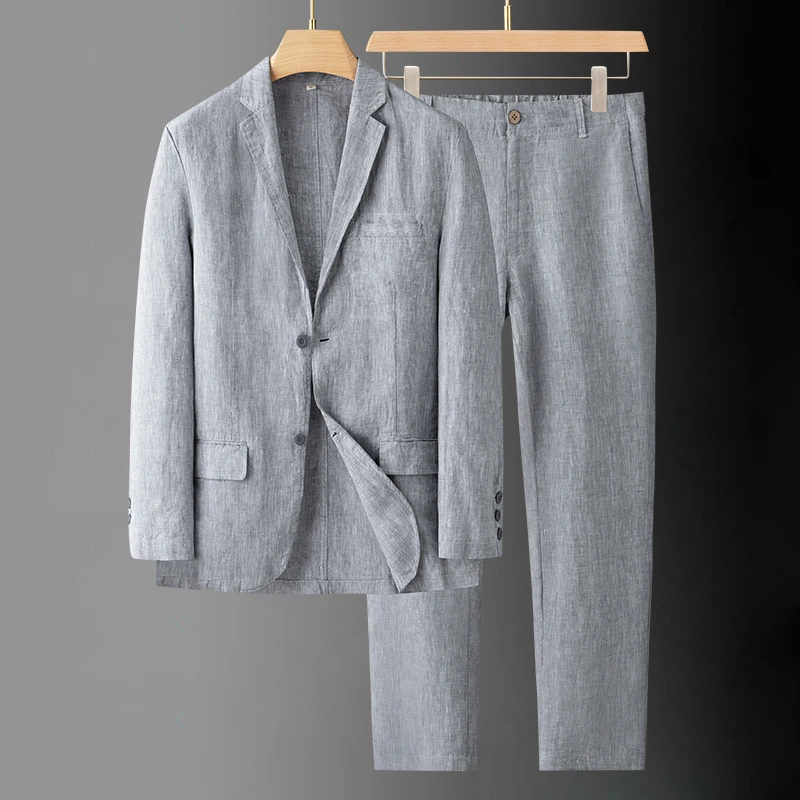 Spring Summer Linen Blazer Man 2 Piece Blazers Set For Men Suit Male Loose Business Masculino Fashion Casual Thin Style New