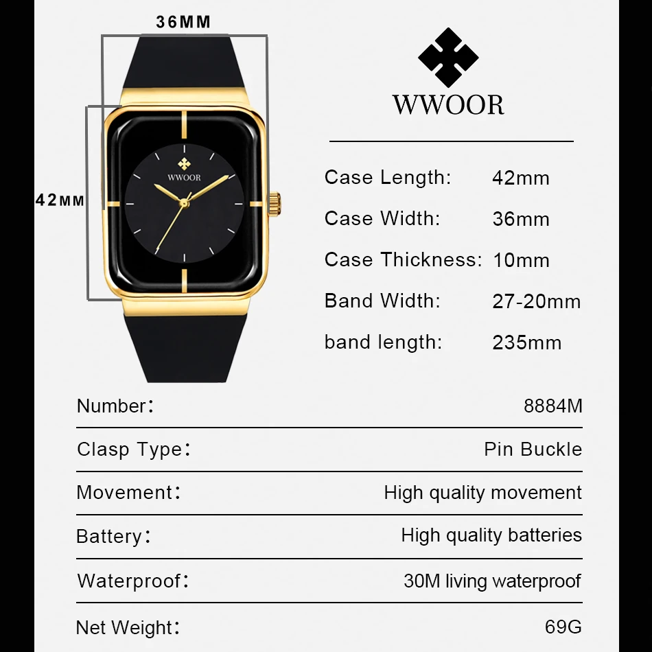 WWOOR Men's Watches Fashion Simple Square Quartz Wristwatch Male Original Waterproof Silicone Strap Watch For Men Trend Style