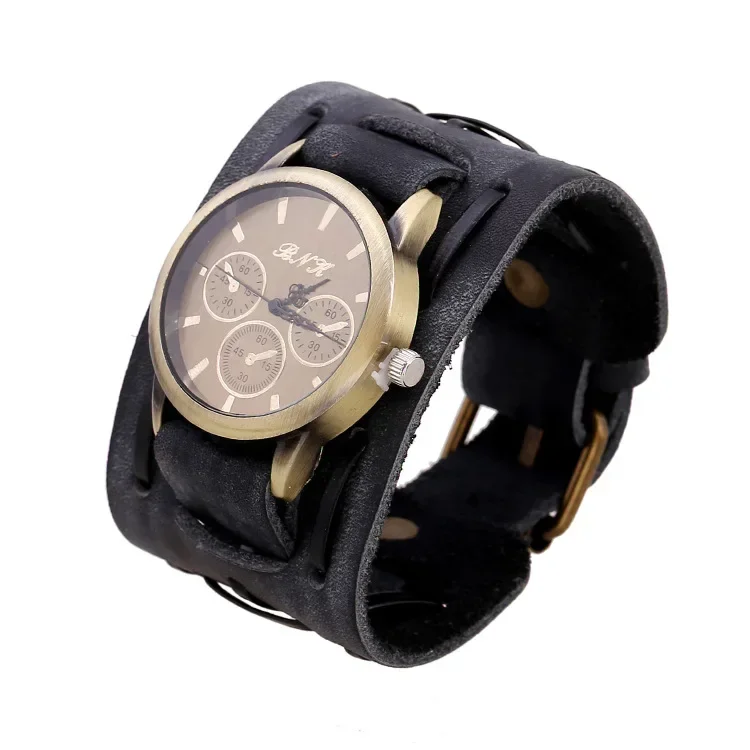 Relogio Masculi Retro Big Wide Genuine Leather Strap Watch Men Punk  Quartz Cuff Watch Wristwatches Bracelet Unusual Wrist Watch 2