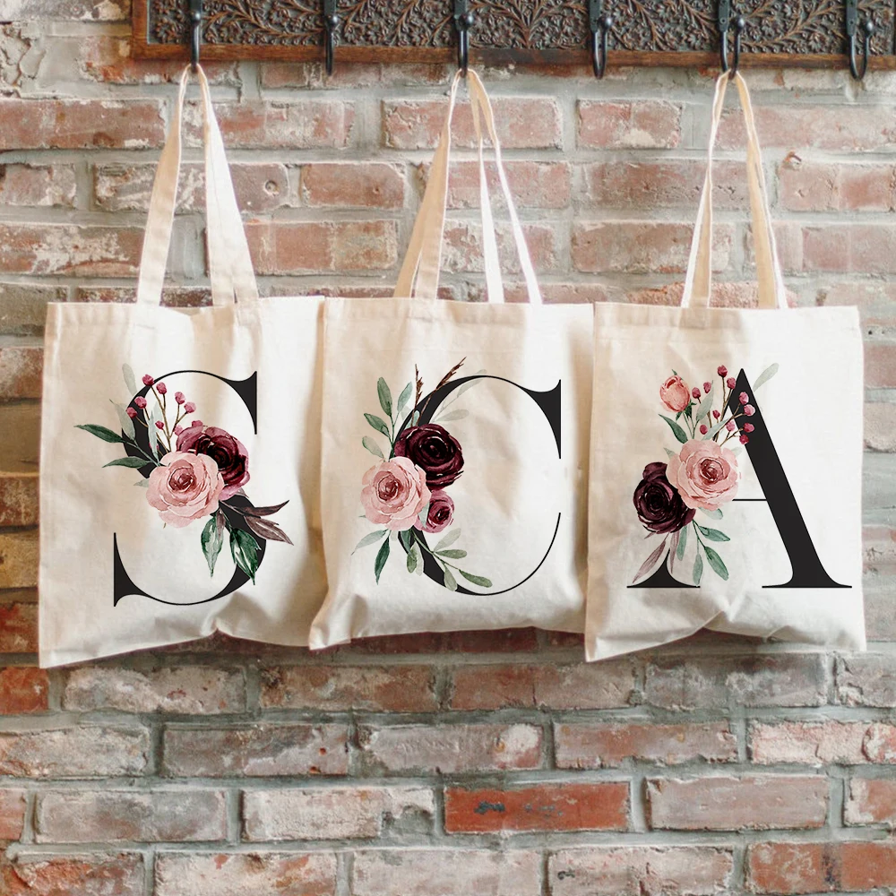 

Floral Canvas Bags Gifts for Bridesmaid Initial Tote Bag for Bridal Shower Bachelorette Party Gift Totes Bags for Women