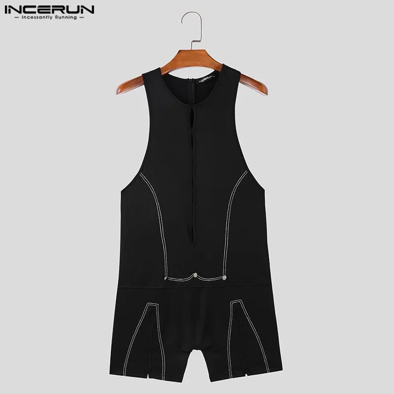Men Bodysuits Sleeveless Solid Onesies Casual Comfortable Homewear Simple O-Neck Mesh Spilicing Loungewear S-3XL INCERUN