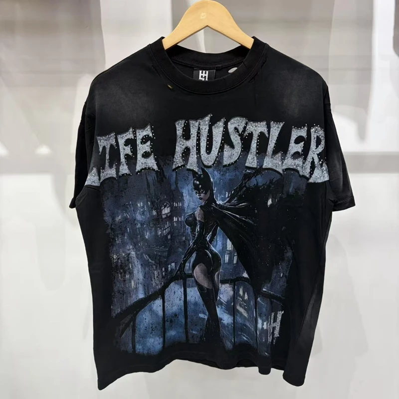 Vintage Farbverlauf T-Shirt mit Angepasstem Geflügeltem Engel-Print und Strass, Gothic-Style Übergroßes Hip-Hop Herren-Baumwollshirt für den Sommer