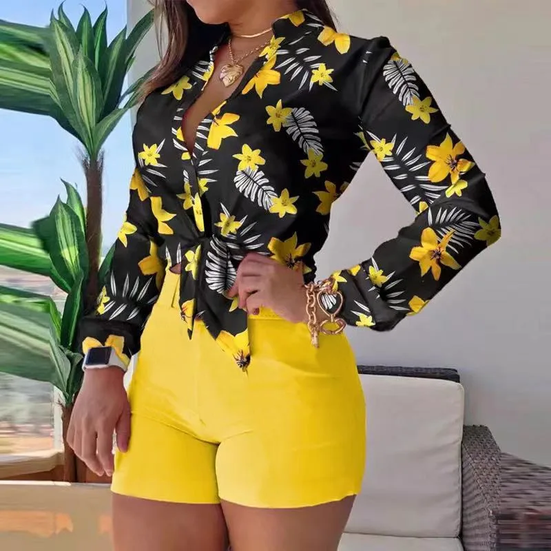 Women Long Sleeve Floral Printed Deep V Sexy Tops Blouse and Shorts Sets Casual Spring Shirts Female