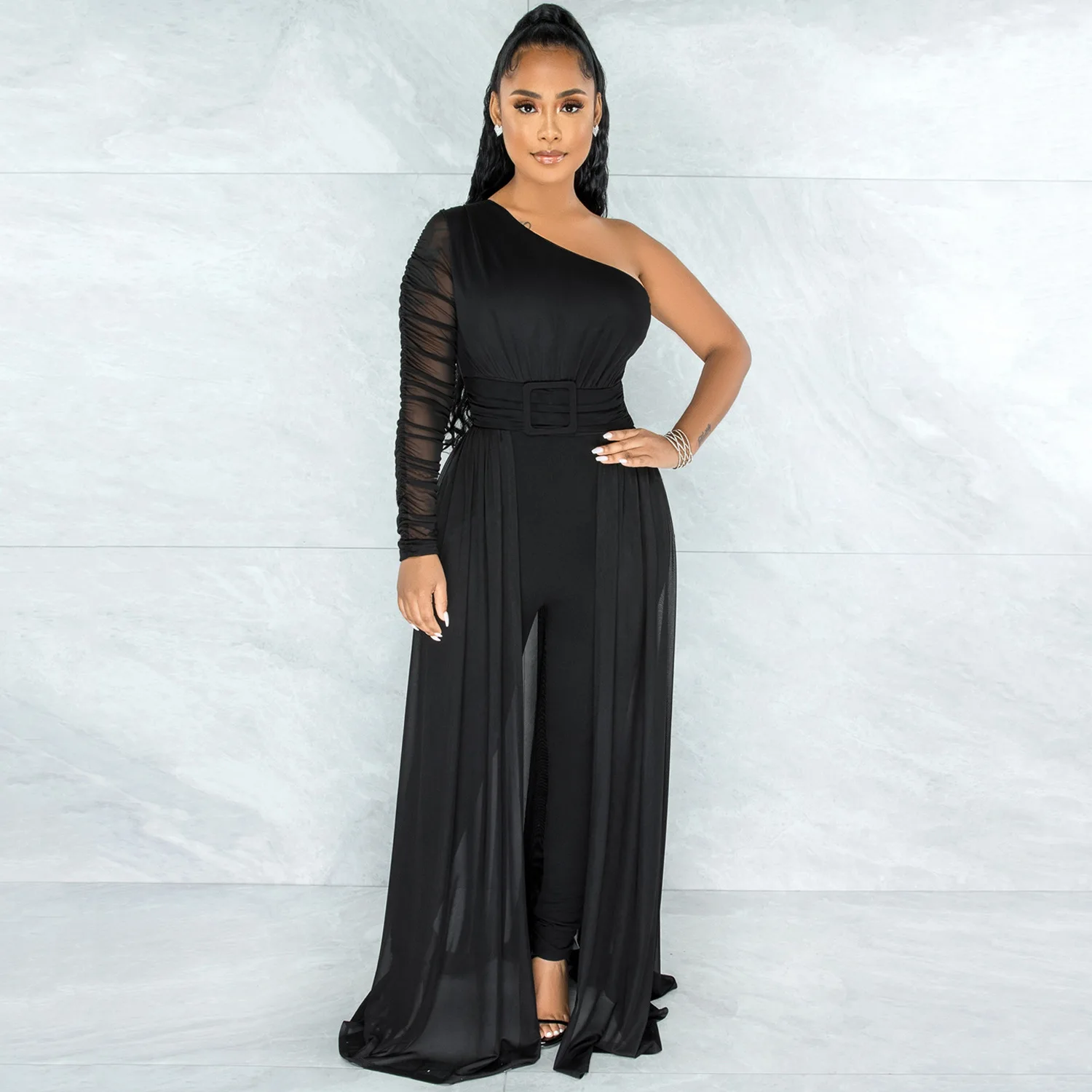 Solid Color Sexy Mesh Perspective Single Shoulder Diagonal Collar Long Sleeve Jumpsuit Women's Fashion Casual Skinny Jumpsuit