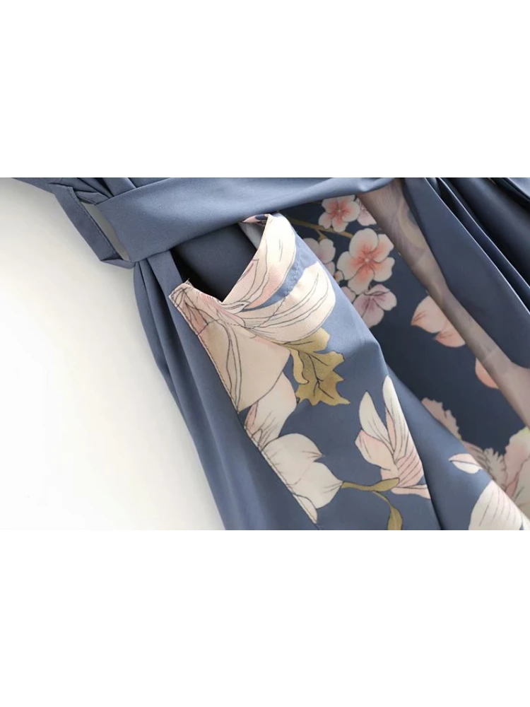 Vintage Peacock Floral Print Sashes Women Bohemian V Neck Batwing Sleeves Lady Happie Beach Boho Robe Bikini Cover-ups