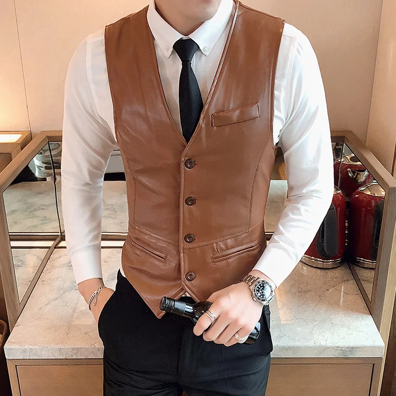 2022 Leather Vest Men New Fashion Casual High Quality Solid Color Single Breasted Slim Large Size Business Vest Waistcoat S-5XL 6
