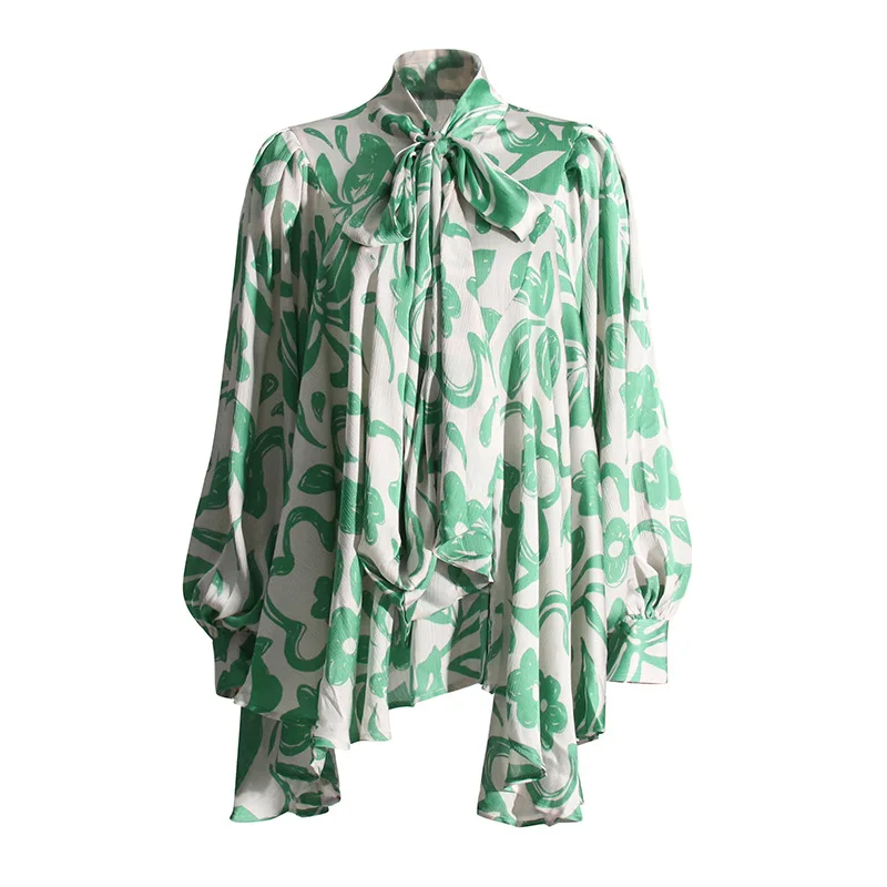 

SuperAen Korean Style New Autumn 2023 Fashion Design Retro Printing Lace Up Loose Casual Chiffon Women's Blouse