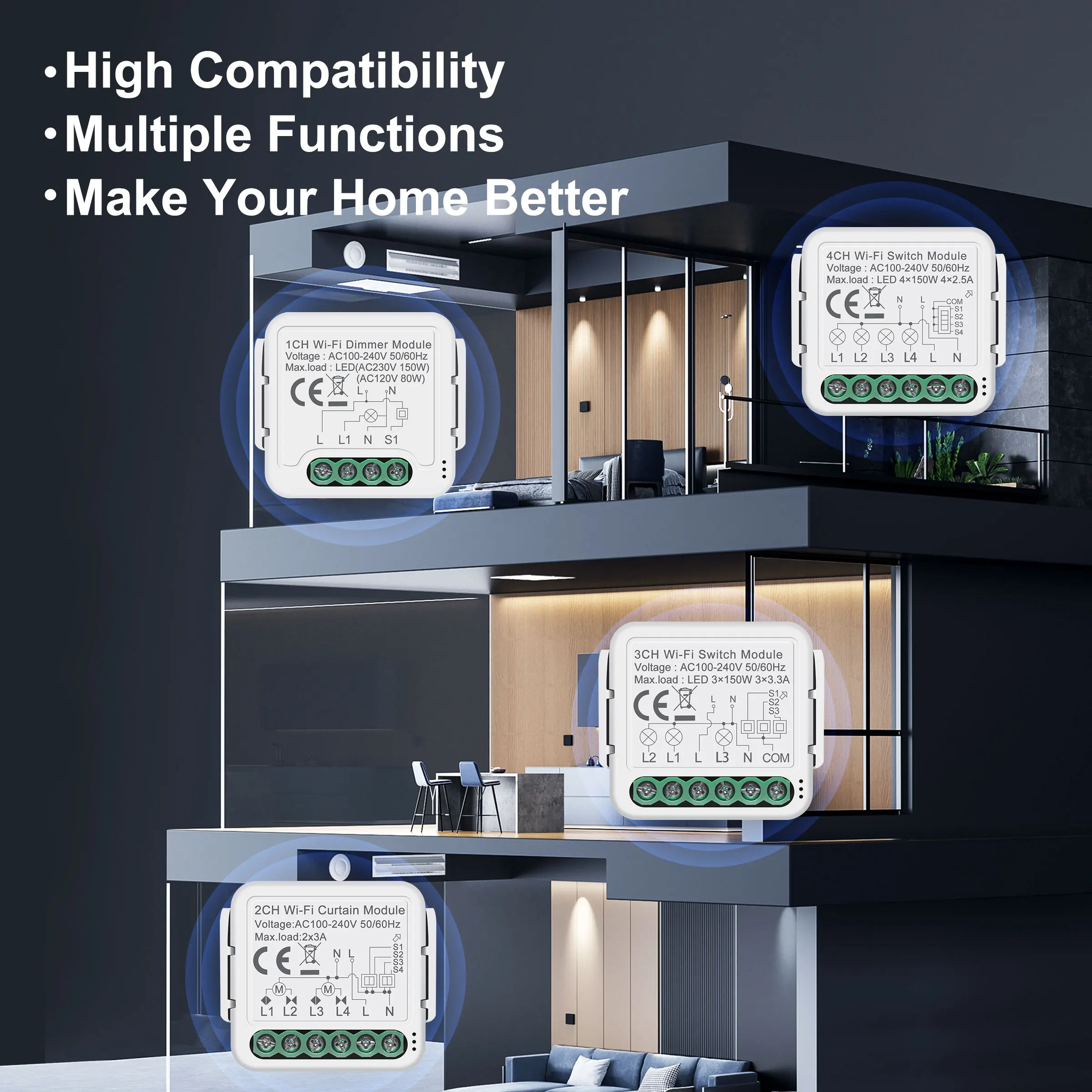 Smart switch modules GIRIER Tuya Smart WiFi Light/Curtain/Dimmer Switch Modules Support 2 Way Control Works with Alexa Hey Google Alice No Hub Needed