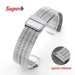 Slim Stainless Steel Watch Band with Quick Release and Double Safety Buckle - 22mm (Silver)