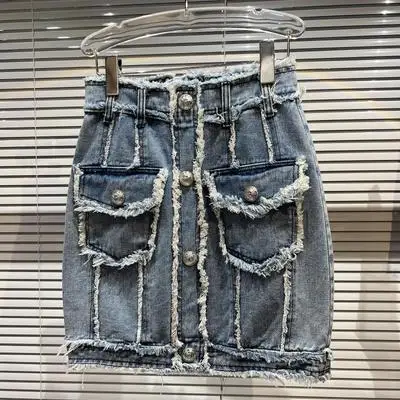 Single Breasted Denim Skirt Women Streetwear Fashion Tassel High Waist Mini Skirt Loose Casual Package Hip Jeans Skirts Female blue skirt Skirts