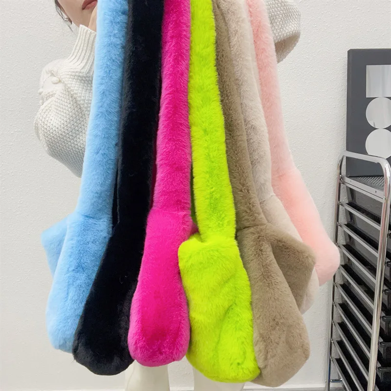 2000s Y2k Hot Girls Candy Color Rose Pink Plush Crossbody Shoulder Bag Women Winter Harajuku Street Fashion Faux Rabbit Fur Bags