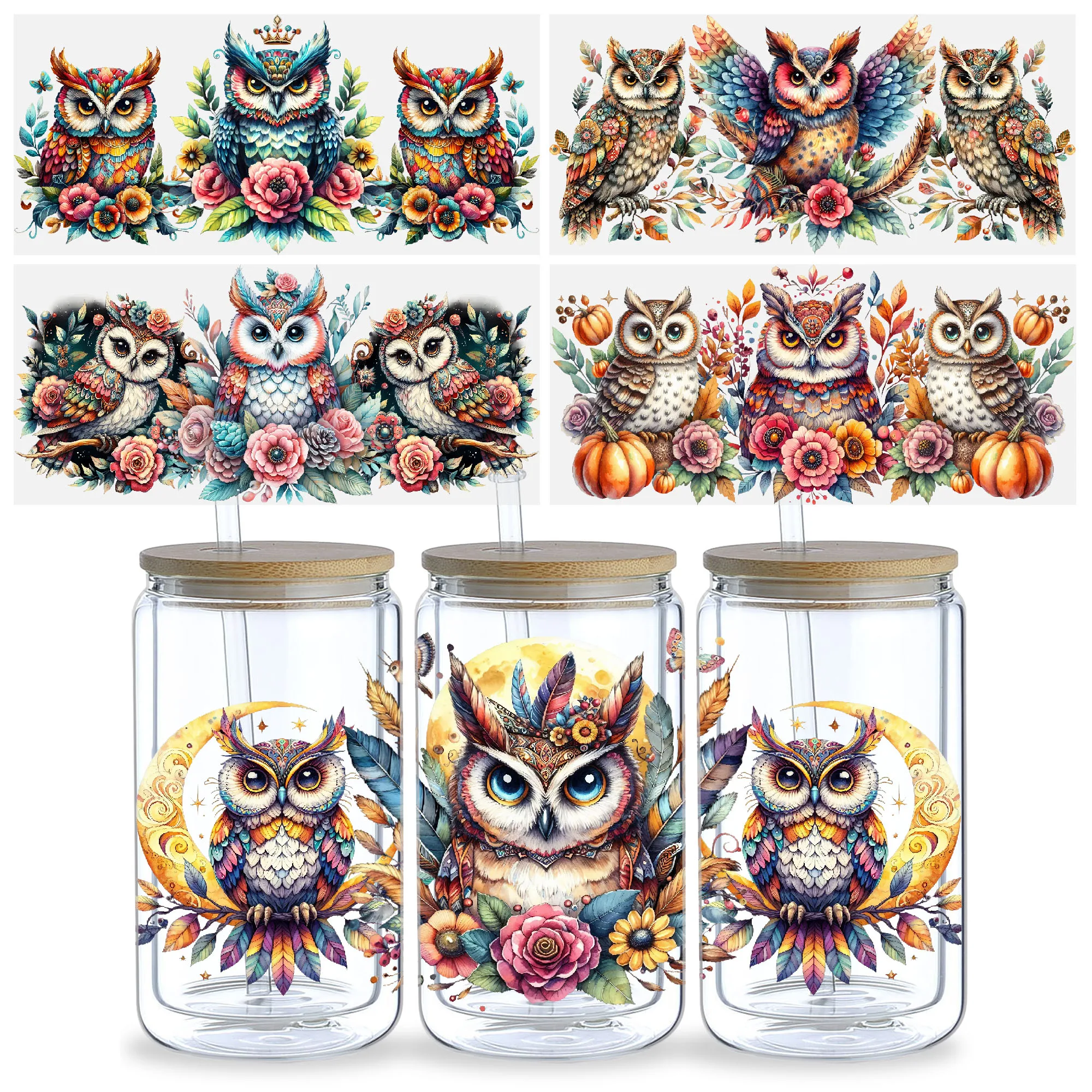 5 Sheets Owl UV DTF Cup Stickers, Glass Cup DTF Transfer Stickers, Waterproof Mystical Owl Wipeable Transfer Paper for