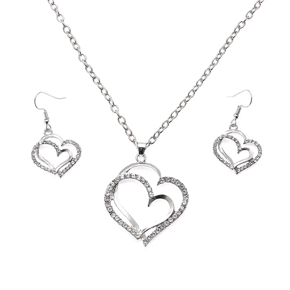 2021 Luxury Simple Big Small Hollow Double Heart-shaped Necklace Exquisite Crystal Zircon Pendant Chain Women's Wedding Jewelry 