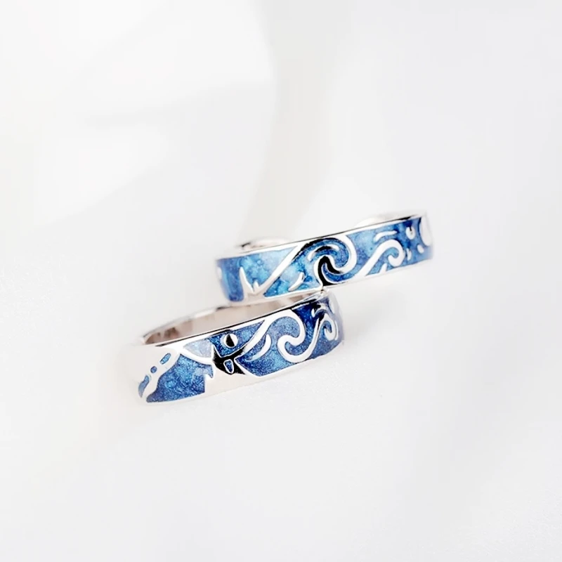 WYEAIIR 925 Sterling Silver Van Gogh Starry Sky Resizable Opening Couple Rings Blue Drop Glaze Sweet Romantic For Women Jewelry 5