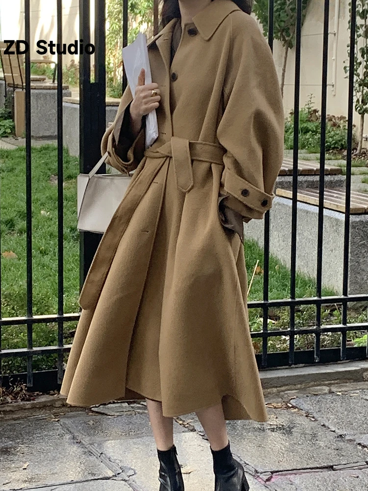 

[ZD Studio] 2023 Autumn Winter New Korean Version Solid Color Retro Temperament White Warm Sheep Wool Long Woolen Coat Coat