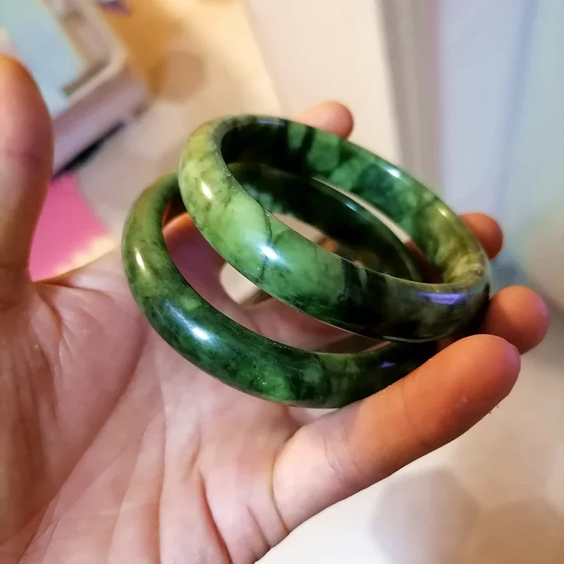 Natural Green White Hand Carved Wide Jade Bracelet Fashion Boutique Jewelry Nanyu Bracelet