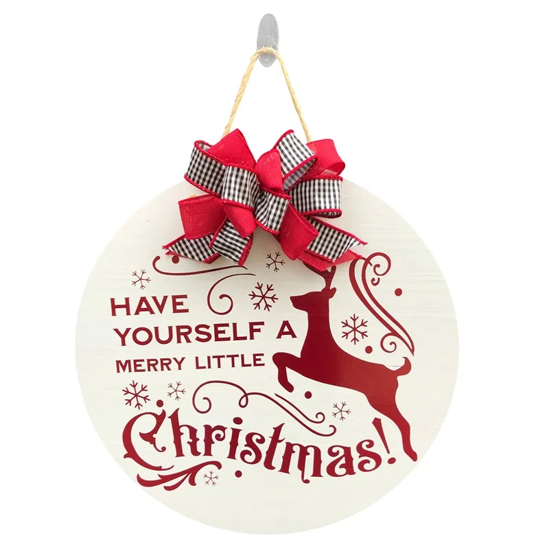 

Christmas Wooden Door Plaque, Round Hanging Board Elk Letters Sign Holiday Party Decor