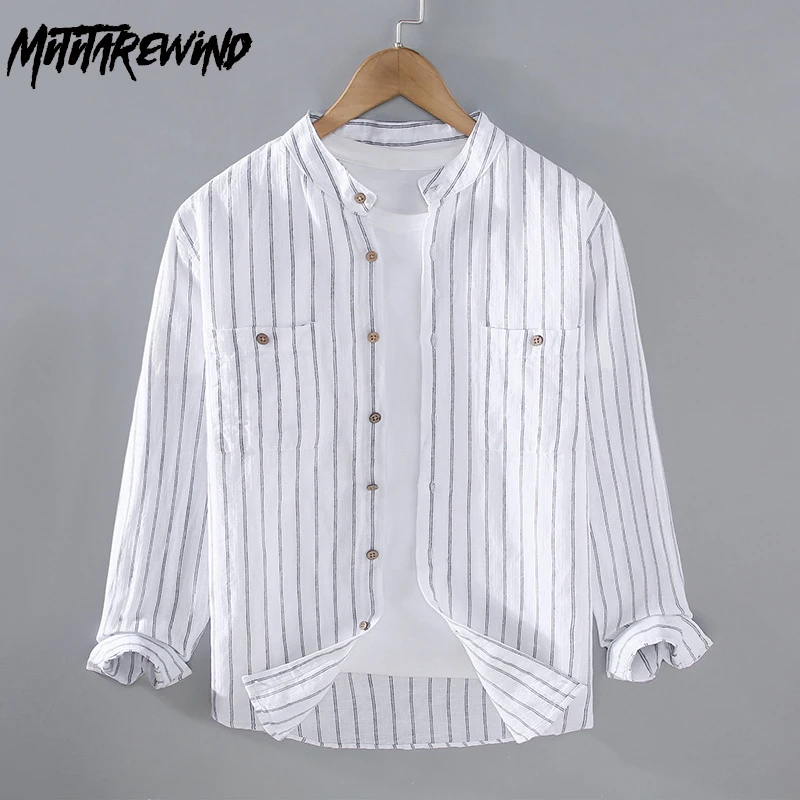 

Cotton Linen Long Sleeve Shirts for Men Spring Summer Daily Causal Harajuku Shirt Stand Collar Striped Shirt with Pockets Simple