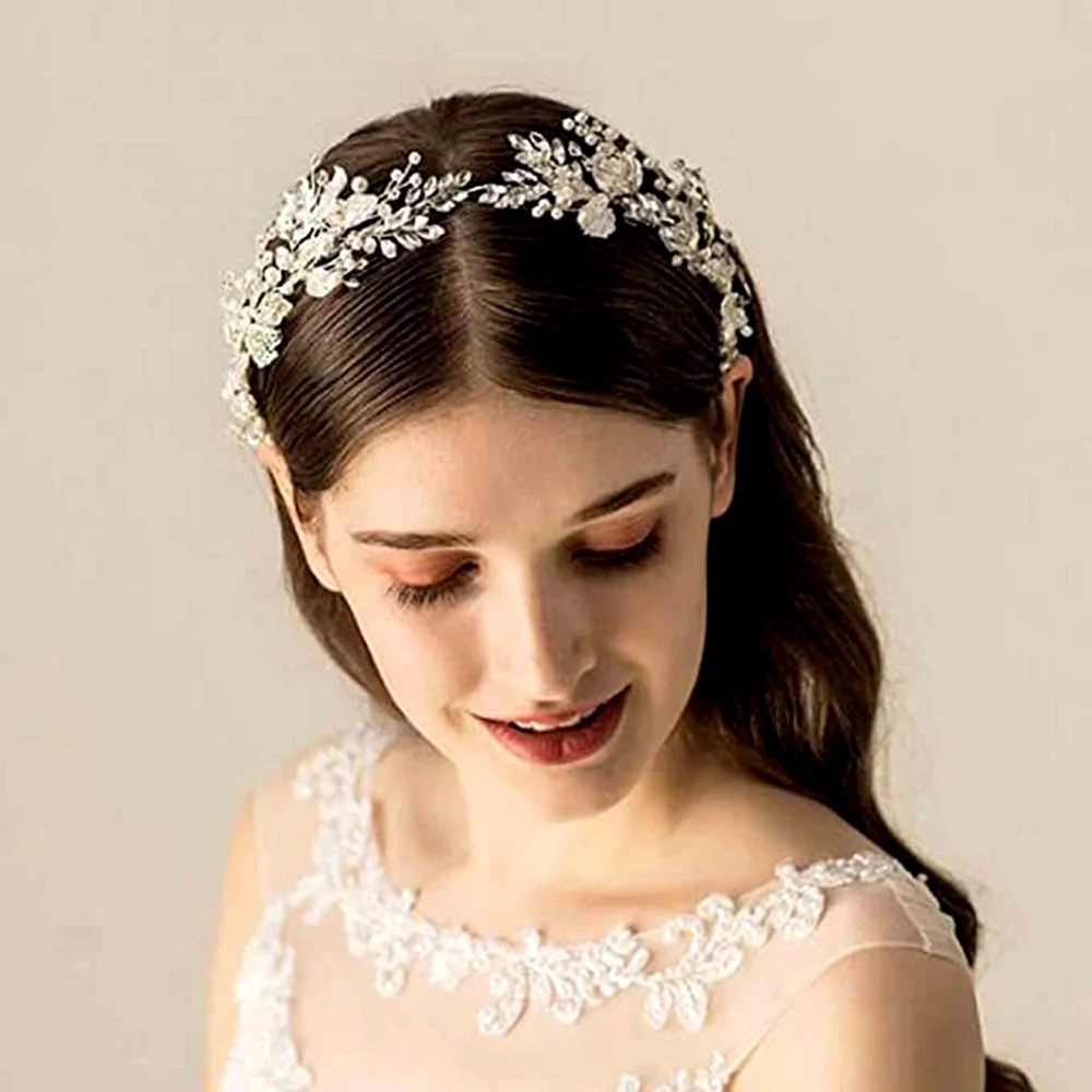 Female Wedding Leaf Headband Party Prop Knitting Silver Gown Hair Vines with Rhinestones for Banquet Wedding Masquerade